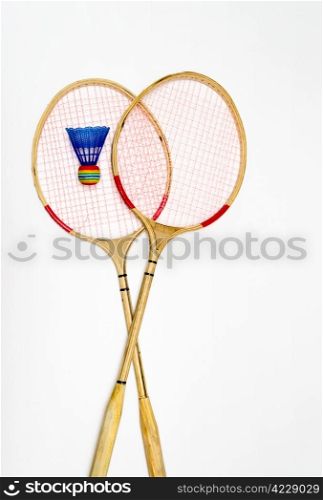Two rackets for badminton and shuttlecocks