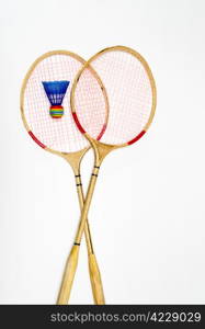 Two rackets for badminton and shuttlecocks