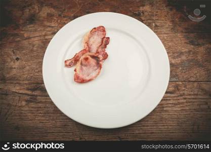 Two rashers of bacon on a white plate