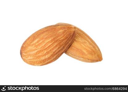 Two raw almonds isolated on a white background