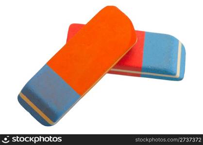 Two red and blue eraser on a white background, isolated