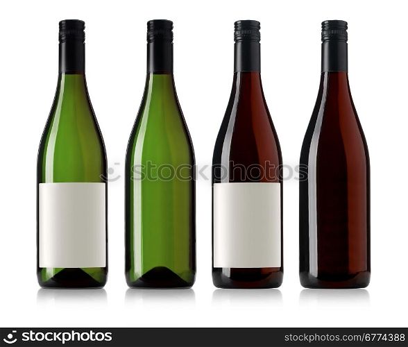 two red and white wine bottles with blank labels,