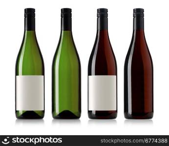 two red and white wine bottles with blank labels,