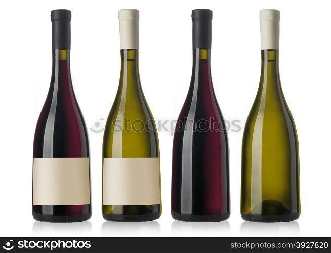 two red and white wine bottles with blank labels, render.