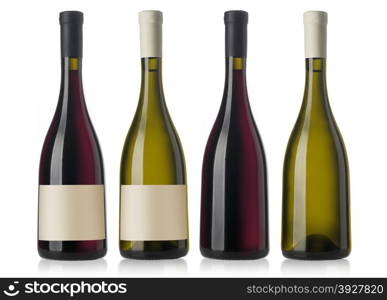 two red and white wine bottles with blank labels, render.