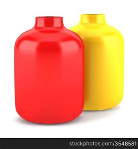 two red and yellow ceramic vases isolated on white background