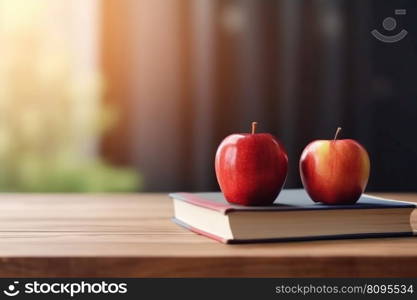 Two red apples on book. Creative fruit stack. Generate Ai. Two red apples on book. Generate Ai