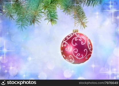 Two Red Ball on the Christmas Tree on the background of Christmas stars