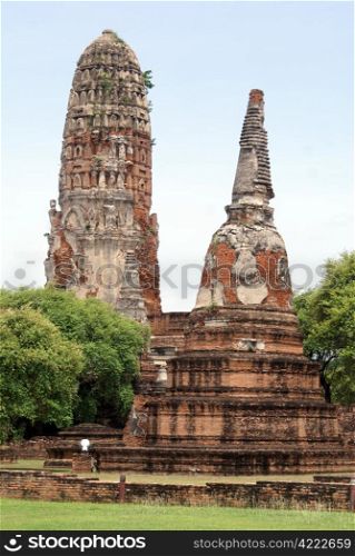 Two red brick stupas in Ayuthaya, central Thailand
