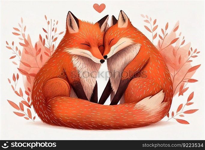 Two red foxes in love hug.  Valentines illustration. AI generative.