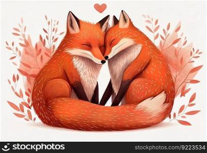 Two red foxes in love hug.  Valentines illustration. AI generative.