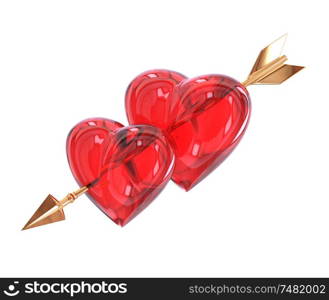 Two Red heart pierced by a golden arrow isolated on white background. Cupid&rsquo;s arrow. 3d illustration.