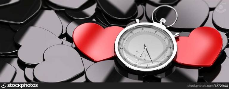 Two red hearts in the middle of a crowd of black hearts, plus a stopwatch, concept image for online dating, concept image.. Love at First Sight - Dating