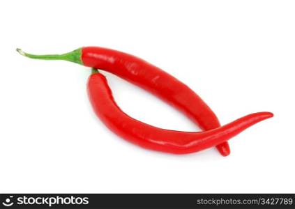 Two red hot chili peppers isolated on white background. Hot chili peppers