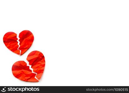 Two Red paper broken hearts on white background. Love concept. Divorce. Copyspace. Two Red paper broken hearts on white background. Love concept. Divorce
