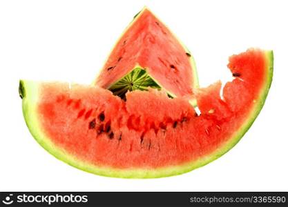 Two red slice of a ripe watermelon. Close-up. Isolated on white background. Studio photography.