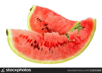Two red slice of ripe watermelon. Close-up. Isolated on white background. Studio photography.