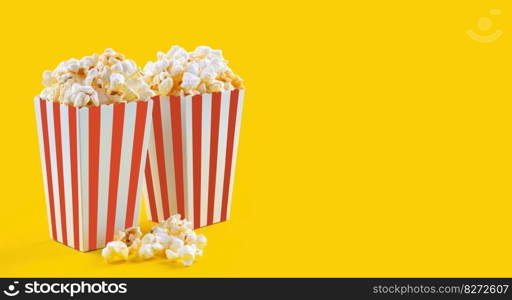 Two red white striped carton buckets with tasty cheese popcorn, isolated on yellow background. Box with scattering of popcorn grains. Fast food, movies, cinema and entertainment concept.