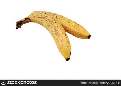 Two ripe bananas on white background with copy space.