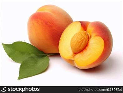 Two ripe juicy peaches with leaf on white background.AI Generative