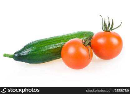 Two Ripe Tomatoes and Cucumber Isolated on White Background