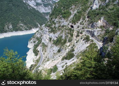 Two roads and tunnel near Piva lake in Montenegro