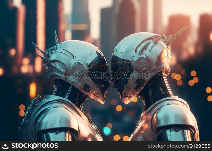 Two robots in love, a couple. Artificial intelligence, digital technology. Digital smart world metaverse. Valentine’s Day. Futuristic lovers. Humanoide, cyborg. Generative AI. Two robots in love, a couple. Artificial intelligence, digital technology. Digital smart world metaverse. Valentine’s Day. Futuristic lovers. Humanoide, cyborg. Generative AI.