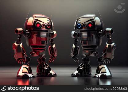 two robots, one with red and black color scheme and the other with sleek metallic finish, face off against each other, created with generative ai. two robots, one with red and black color scheme and the other with sleek metallic finish, face off against each other