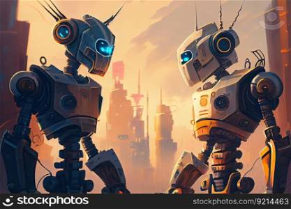 two robots, with human-like facial expressions and movements, converse while surrounded by futuristic cityscape, created with generative ai. two robots, with human-like facial expressions and movements, converse while surrounded by futuristic cityscape