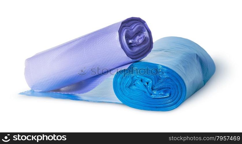 Two rolls of plastic garbage bags isolated on white background