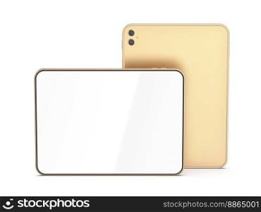 Two rose gold colored tablet computers on white background, front view