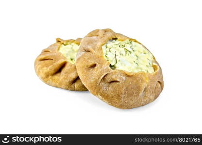 Two round cheesecake carols from rye flour with a stuffing of cheese isolated on white background