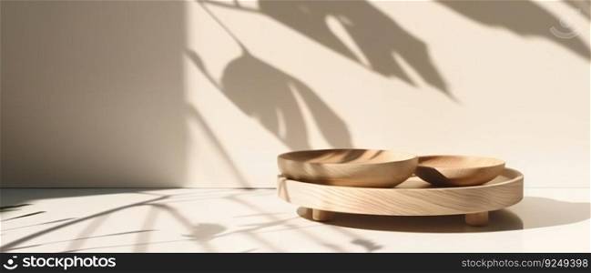 Two round wooden plate tray with grain on white table counter in sunlight. Generative ai art. Two round wooden plate tray with grain on white table counter in sunlight. Generative ai