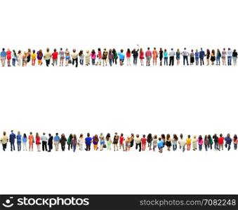 two rows of people isolated on the white. Crowd of people. crowd of people which stand in two row isolated on the white background. People isolated and empty white place for text or pictures