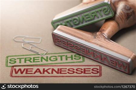 Two rubber stamps with the words strengths and weaknesses printed on paper background. 3D illustration of SWOT concept.. Strengths and Weaknesses Words Printed On Brown Paper And Two Rubber Stamps
