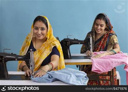 Two rural women working on sewing machines.