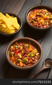 Two rustic bowls of vegetarian chili dish made with kidney bean, carrot, zucchini, bell pepper, sweet corn, tomato, onion, garlic, with tortilla chips on the side, photographed with natural light (Selective Focus, Focus in the middle of the first dish)