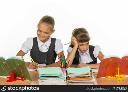 Two schoolgirls at a desk, one excellent student, the second two-year student