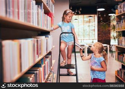 Two schoolgirls choosing books in school library. Primary school students learning from books. Children having fun in school club. Back to school. Doing homework