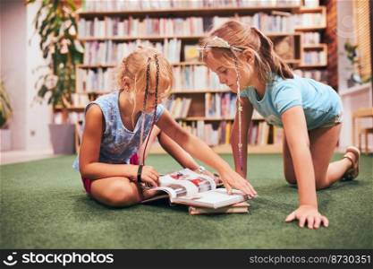 Two schoolgirls reading books in school library. Primary school students learning from books. Pupils doing homework. Children having fun with books in school club. Back to school
