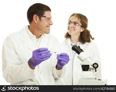 Two scientists working together in a laboratory. The younger one could be a student. Isolated on white.