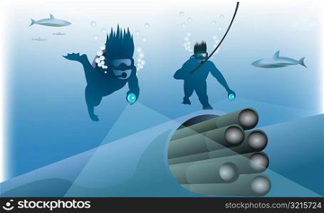 Two scuba divers swimming underwater