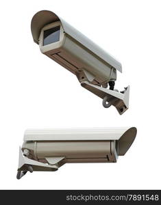 Two security cameras camera on white background