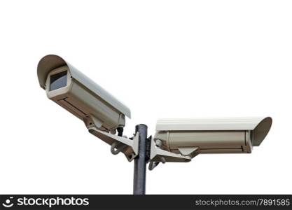 Two security cameras camera on white background