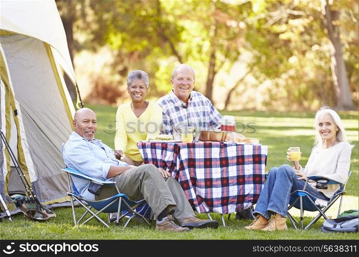 Two Senior Couples Enjoying Camping Holiday In Countryside