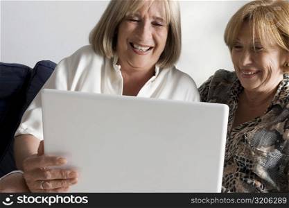 Two senior women looking at a laptop