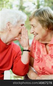 Two senior women sharing a secret