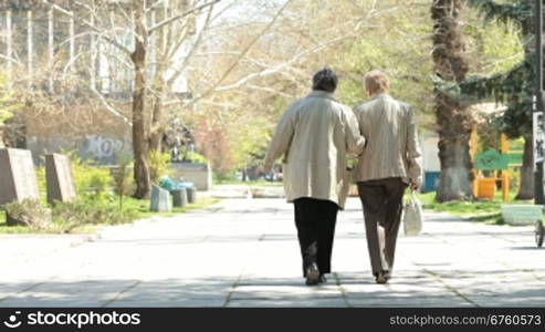 Two senior women walking along the alley, rear view