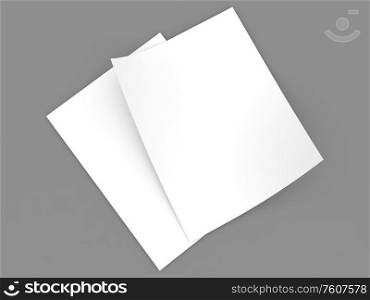 Two sheets of A4 office paper on a gray background. 3d render illustration.. Two sheets of A4 office paper on a gray background.