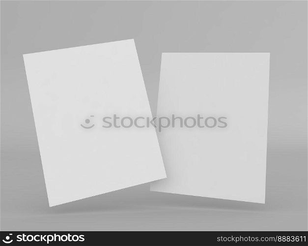 Two sheets of A4 paper on a gray background. 3d render illustration.. Two sheets of A4 paper on a gray background. 